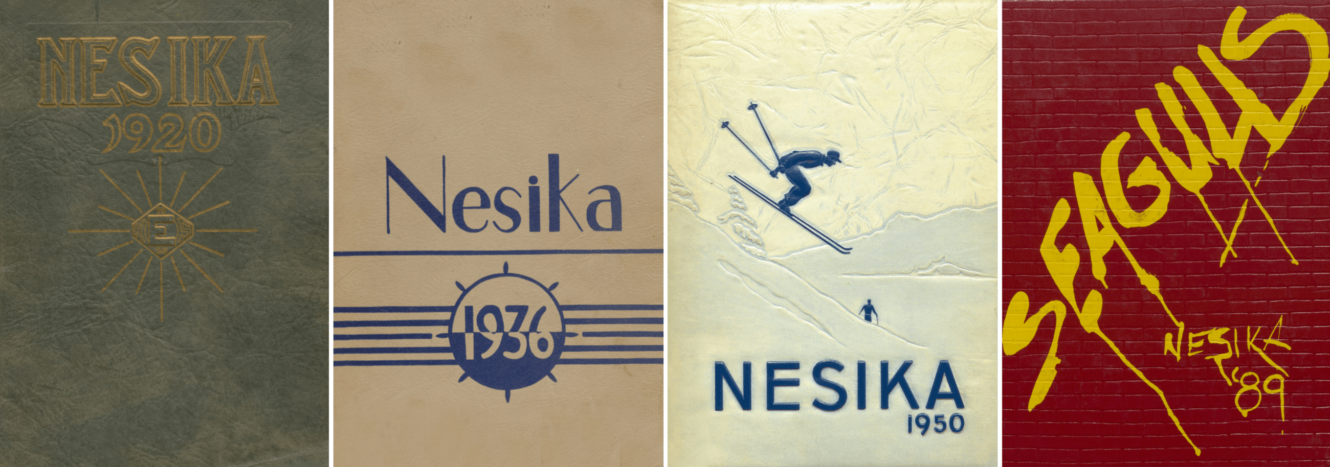 covers of Nesika yearbooks from 1920, 1936, 1950, and 1989
