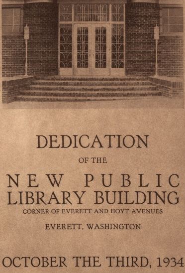 1934 document with image of library doors and 'Dedication of the New Library Building corner of E