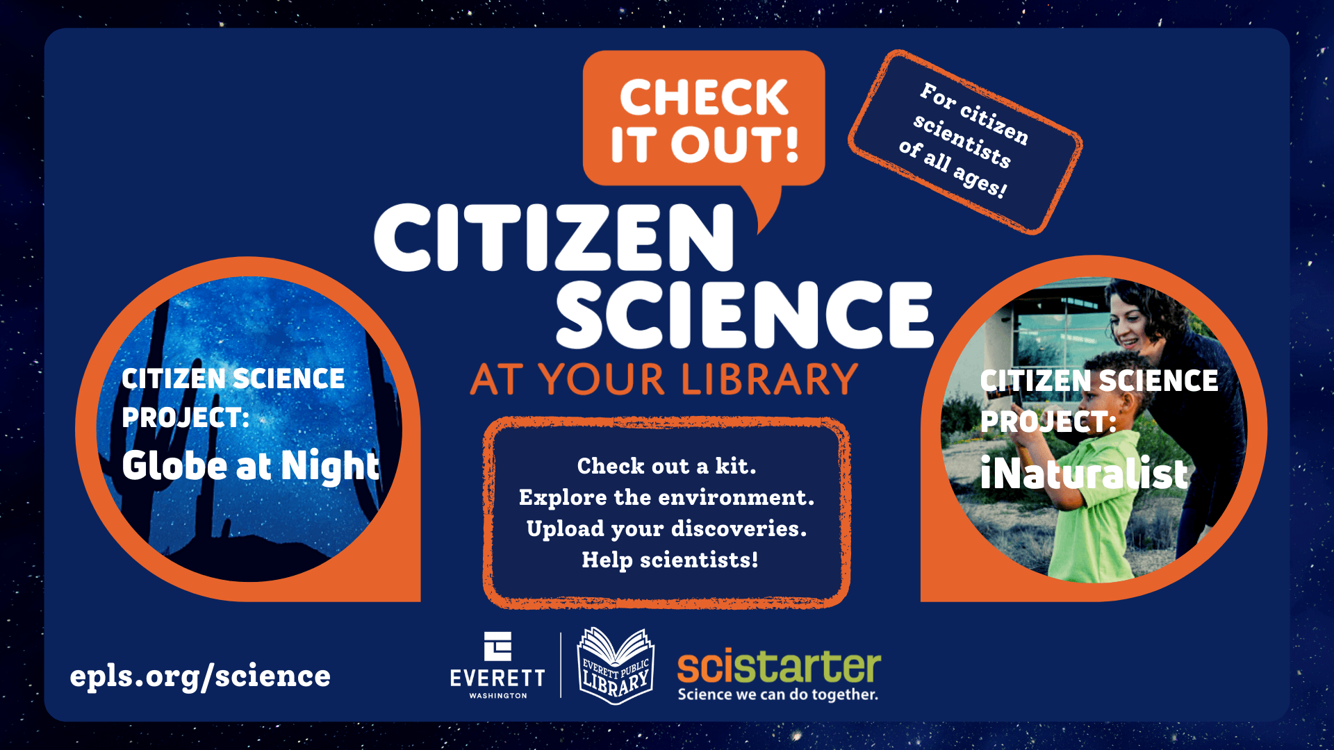 Graphic in blues and oranges showing details about citizen science kits for check out