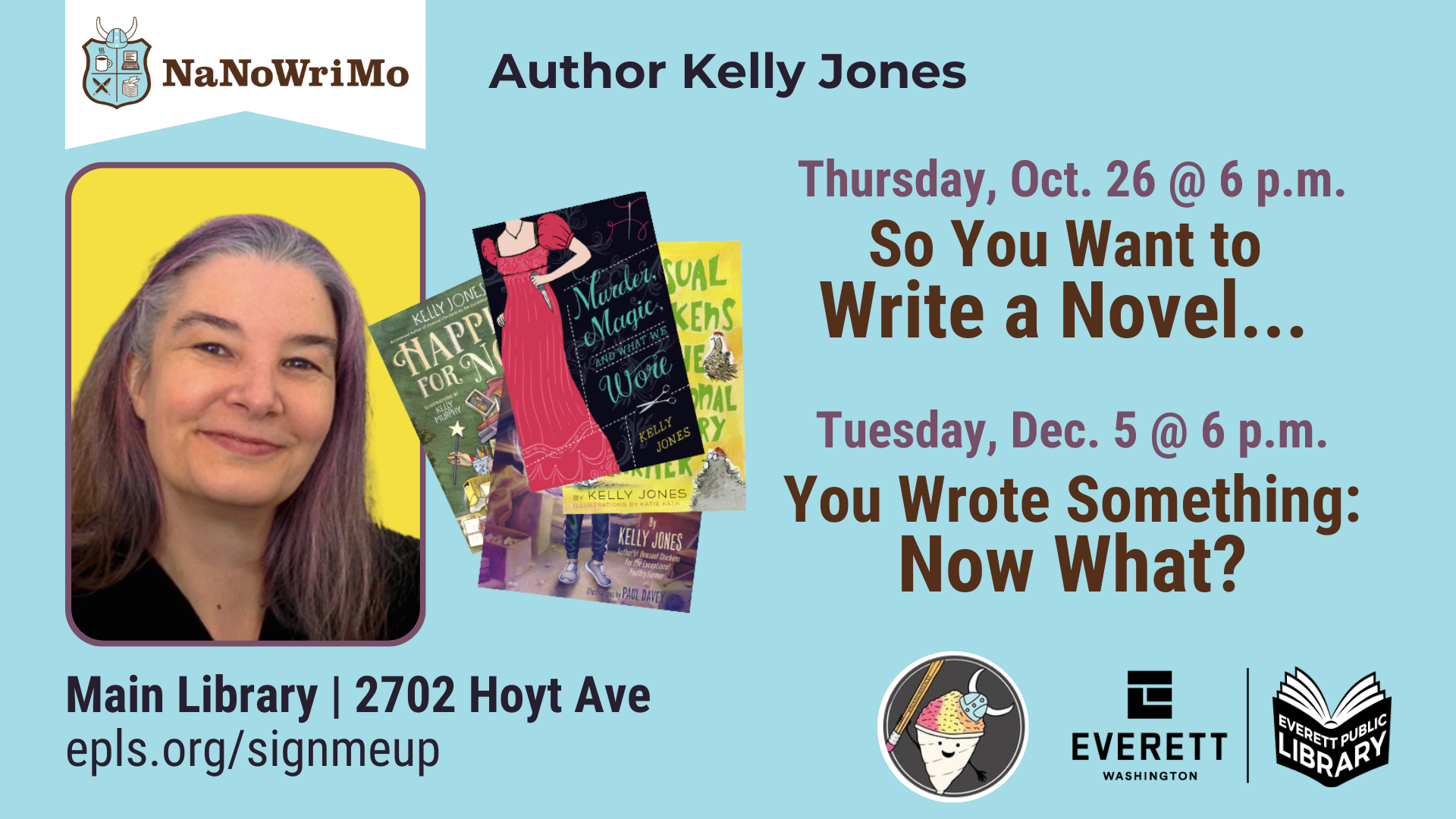 Graphic in pale blue showing photo of author and book covers plus program details