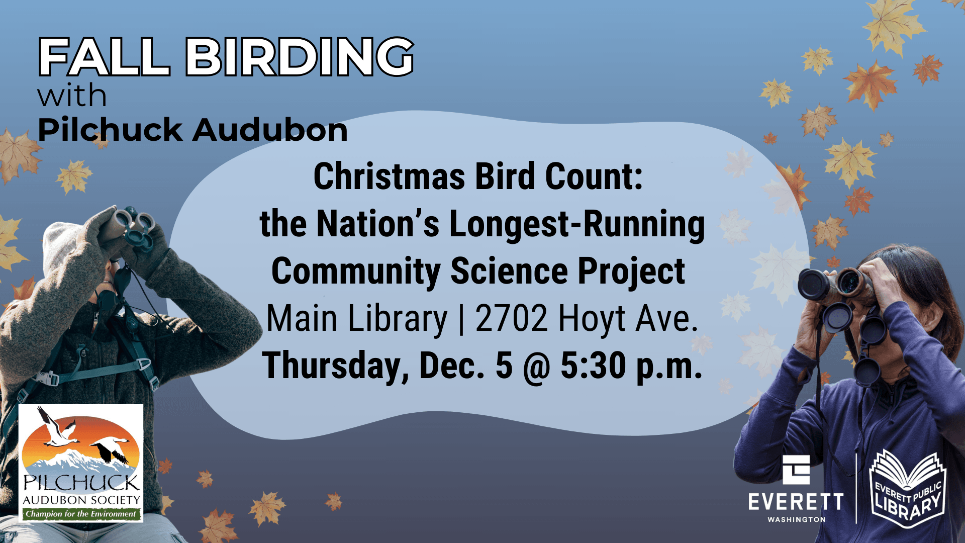 Graphic in blues showing two people with binoculars and program details