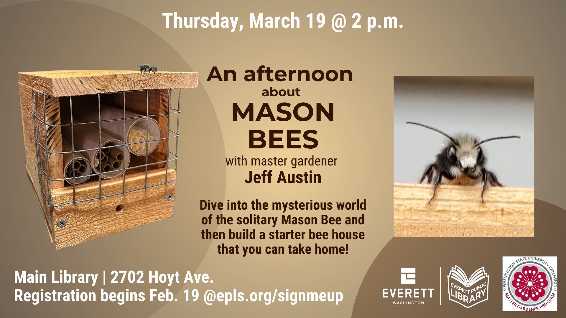 Graphic in tan and brown showing photo of bee and bee house plus program details.