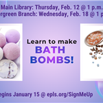 graphic in blues and purples showing bath bombs, ingredients, and program details