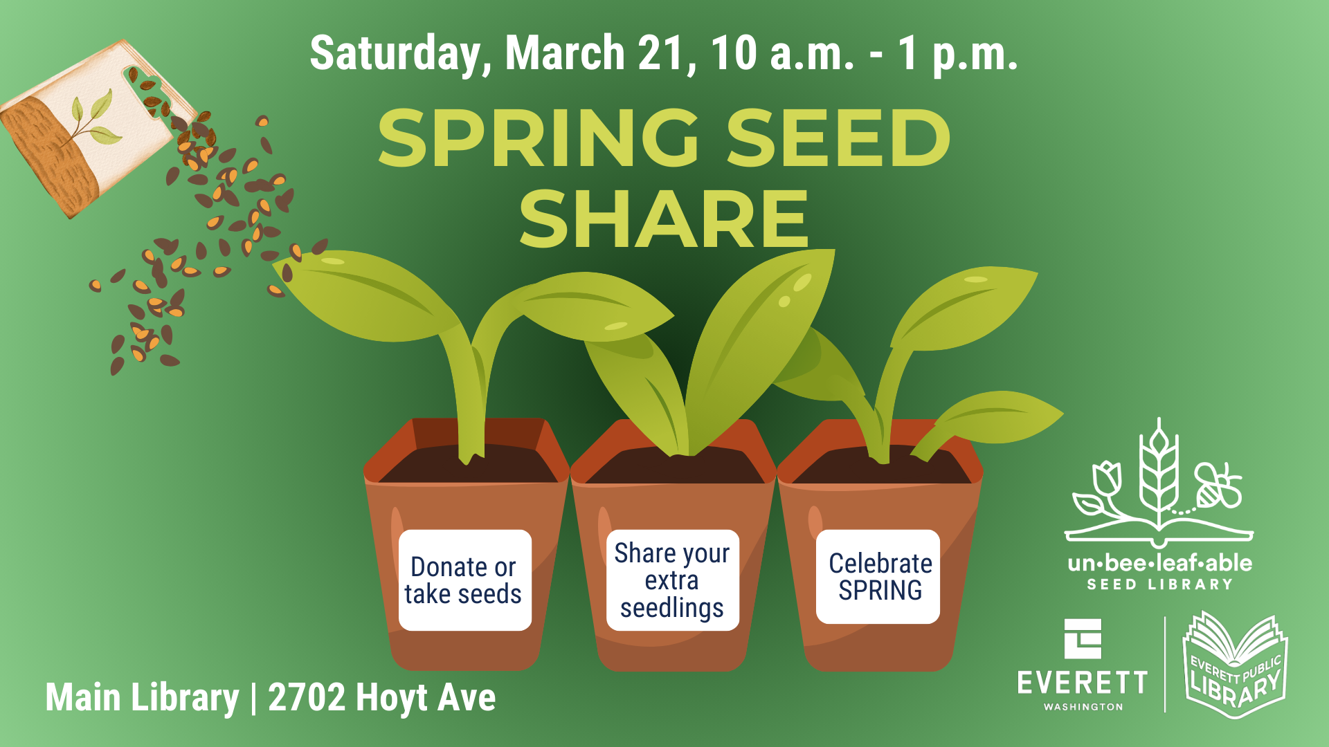 Graphic in greens showing seed packets and program details