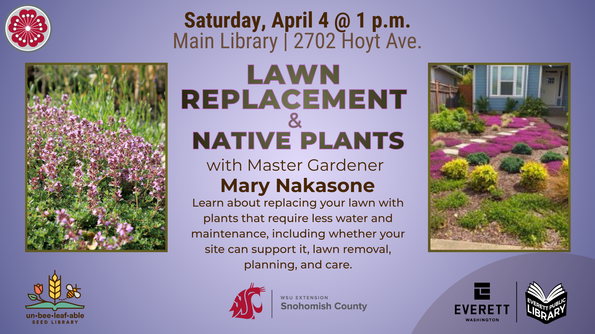 Graphic in purples and greens that shows photos of lawn alternative plus program details