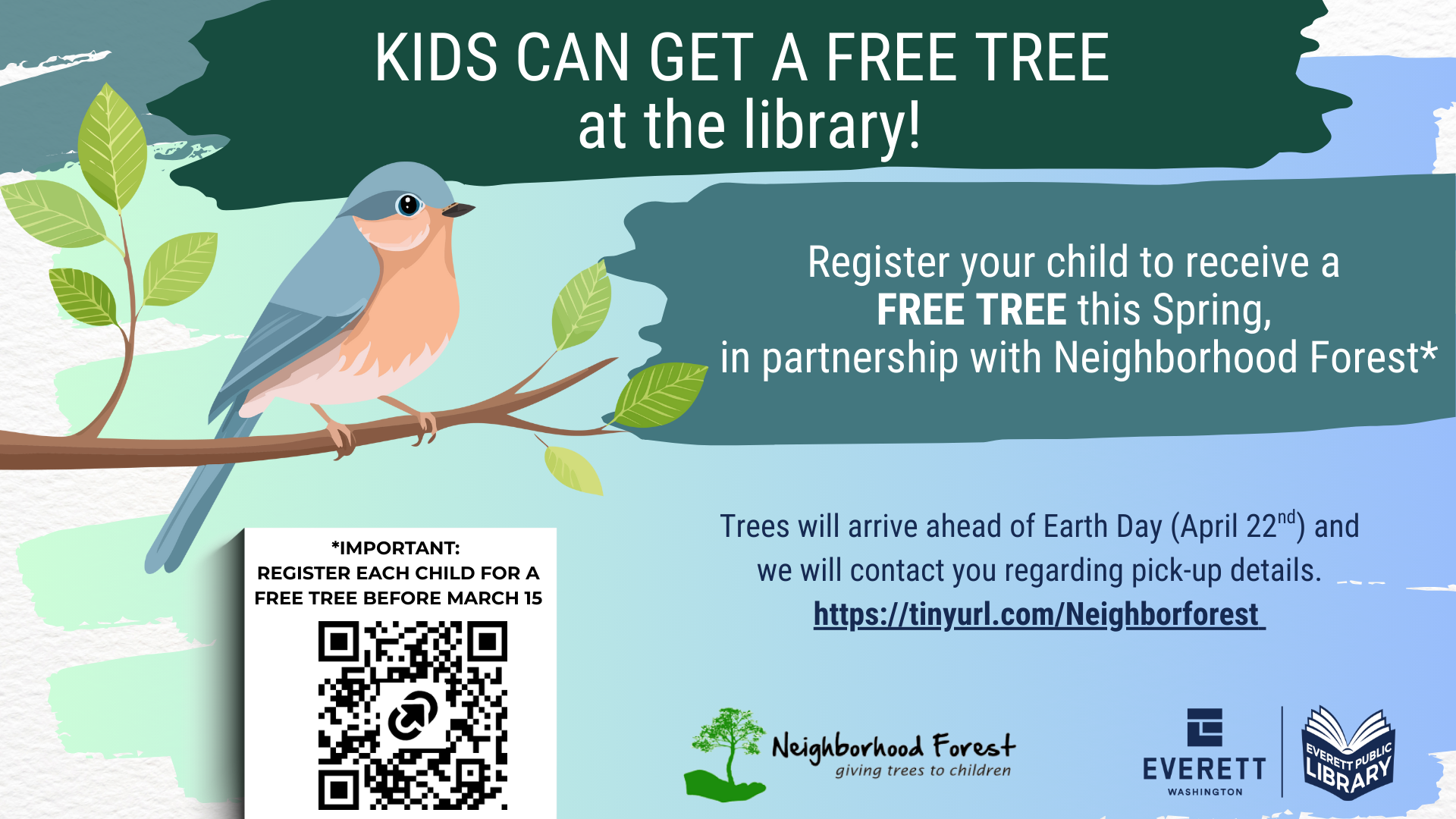 Graphic in greens and blues showing a bird in a tree + program details