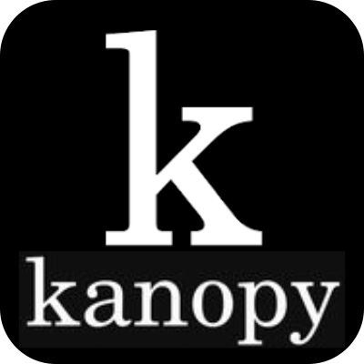 the word ’kanopy’ in white letters above four red, orange, and yellow bars on a black backgrou