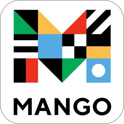 a green lower case ’m’ with an orange accent mark above and the word ’mango’ below in on