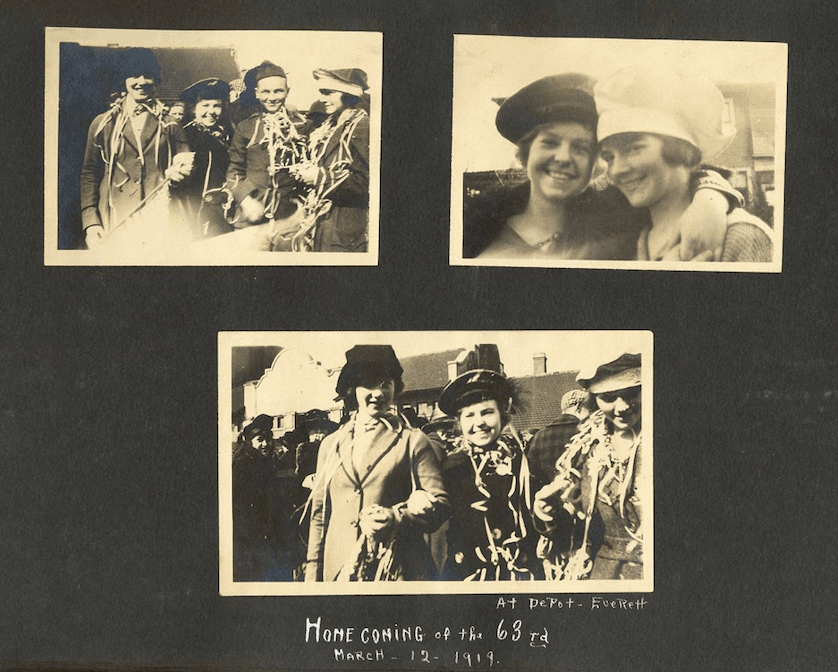 Page from a photo album showing three different sepia-toned photographs. Top left shows three happy 